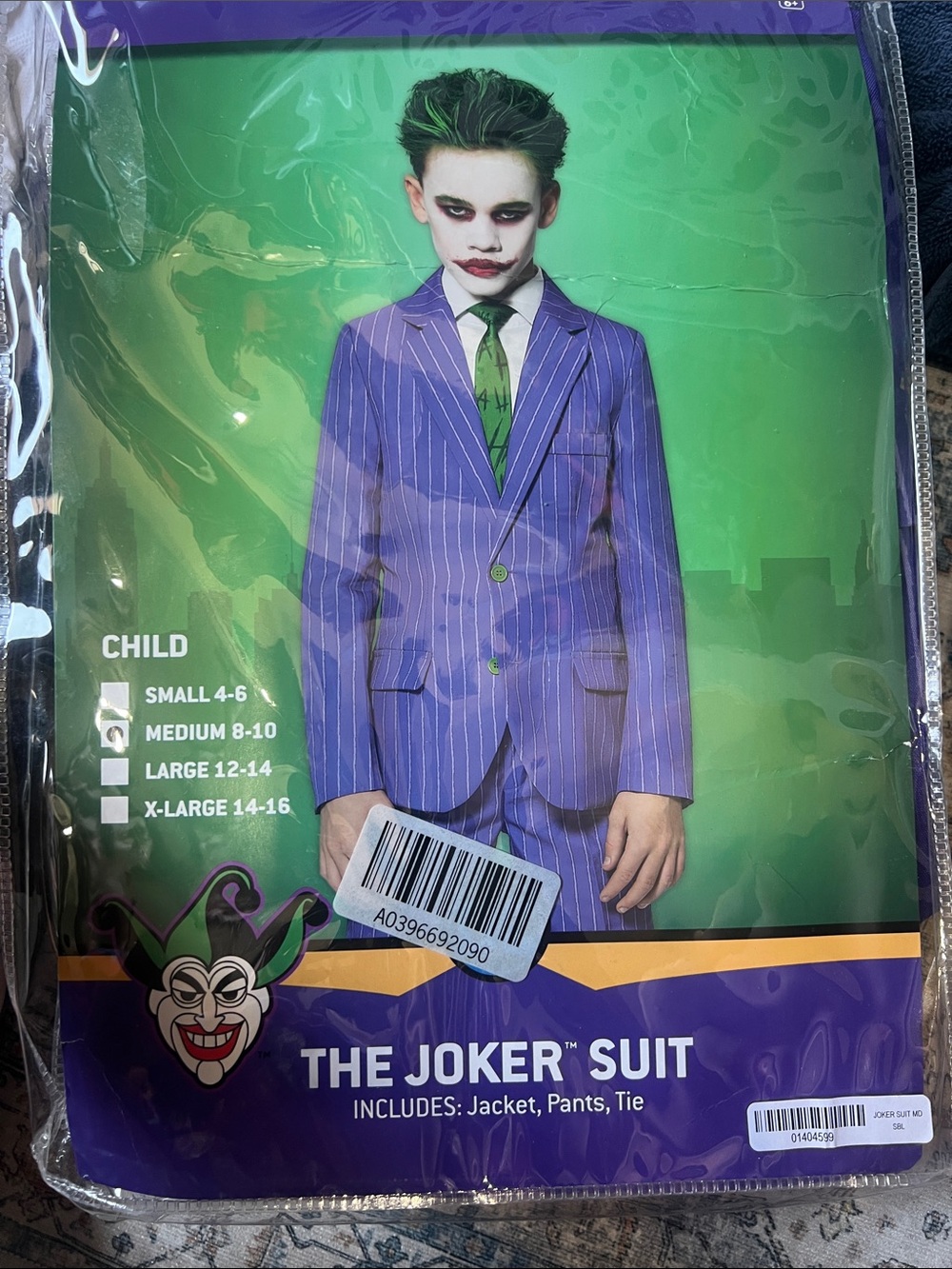 Joker Costume sz 8-10 Purple Pinstripe Kids Costume Suit with Green Tie